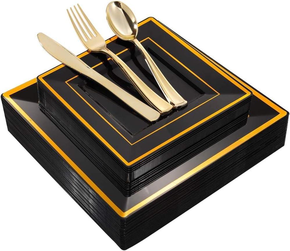 WDF 125Pieces Black Square Plastic Plates with Gold Rim Gold Disposable Silverware - include 25Pcs Dinner Plates,25Pcs Dessert Plates,25 Forks, 25 Knives, 25 Spoons for New Year