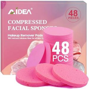 AIDEA 48-Count Compressed Facial Sponges Pink, Face Cleansing Pads, 100% Natural Cellulose Cosmetic Spa Sponges for Facial Cleansing, Exfoliating Pads, Mask Removal, Travel Essentials for Women, Set of 5