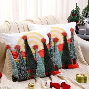 Set of 2 Embroidered Christmas Pillow Covers 18x18 Inch Boho Christmas Tree Pillow Cover Farmhouse Xmas Pillowcases Decorations for Sofa Couch Bedroom Home Living Room Decor (Green and Yellow)
