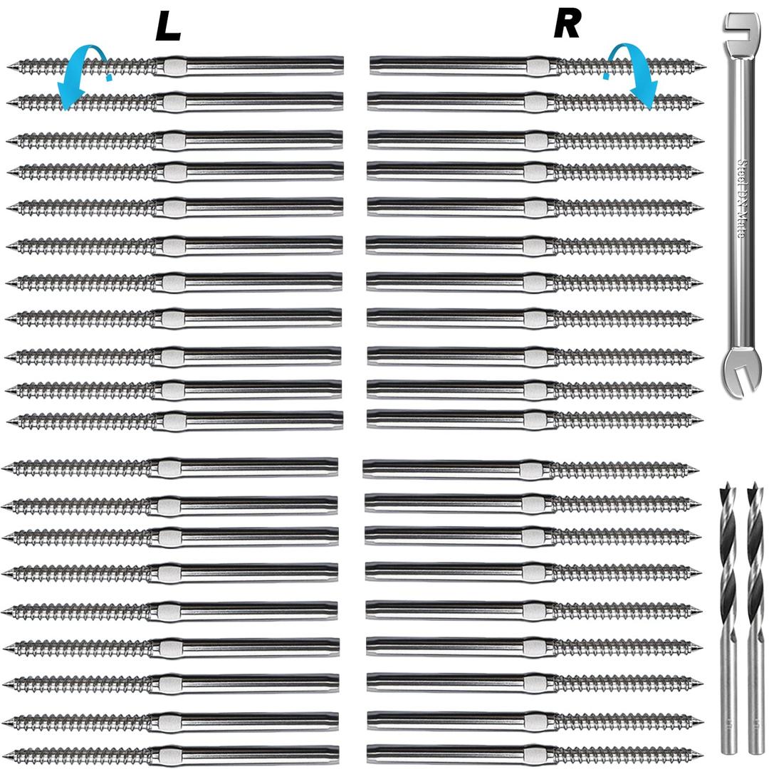 Steel DN Mate 60 Pack 3/16" Swage Lag Screws, T316 Stainless Steel Left & Right Handed Thread, 3/16" Cable Railing Kit for Wood Post, Deck Railing/Stair Railing, DIY Baluster Cable Railing Hardware