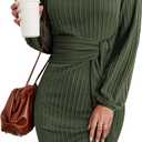 HOTOUCH Womens Fall Dress Tie Waist Dress Loose Knit Dress for Women Crew Neck Cocktail Dress Fall Party Dress Army Green Small