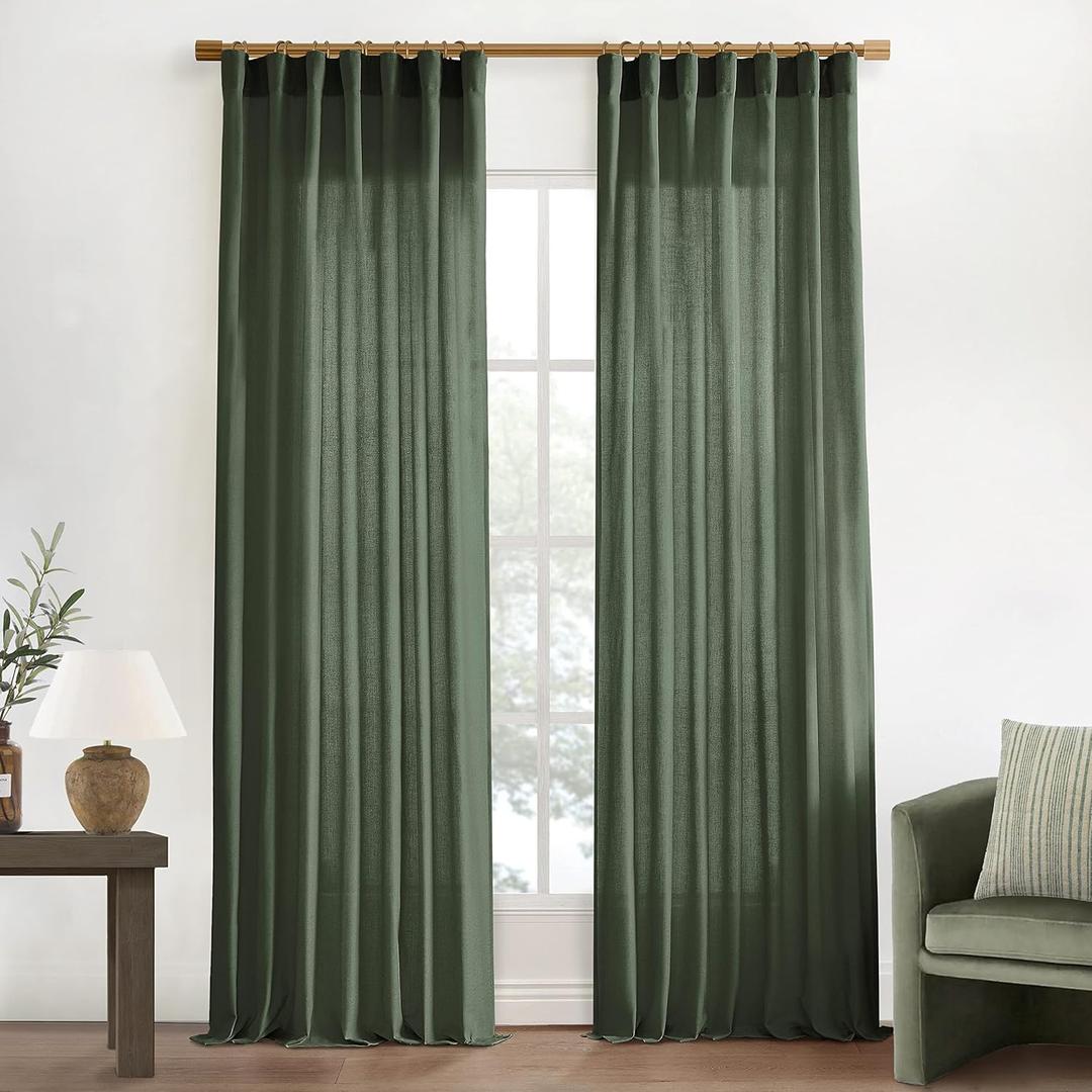 XTMYI Olive Green Linen Boho Curtains for Living Room 84 Inch Length 2 Panels Set,Back Tab Hooks Long Window Treatments Curtain Drapes,Light Filtering Semi Sheer for Bedroom Aesthetic Neutral Decor (Loden)