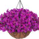 Artificial Fake Hanging Flowers Plants Basket for Outdoors Spring Summer Decor, Faux Silk Bougainvillea in Planter Look Real UV Resistant Faux Flower for Outside Porch Patio Garden Home Decor, Purple