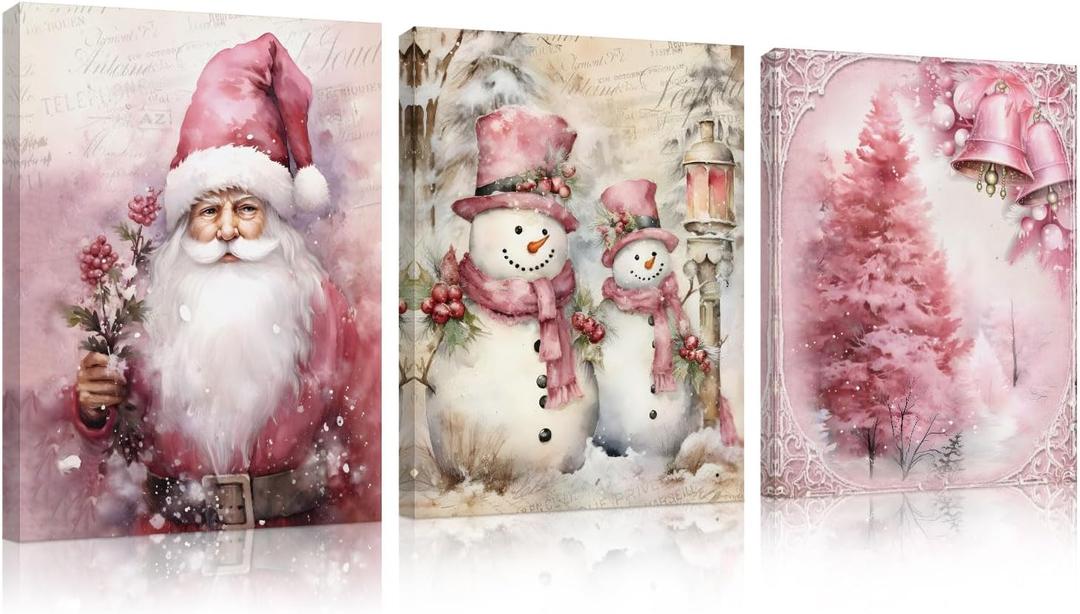 DSHFG Vintage Pink Christmas Canvas Wall Art Set of 3, Christmas Pink Housewarming Gifts for Women, Christmas Wall Decor for Home Kitchen Bedroom Living Room, 11x14 Framed