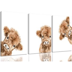AOYUSMO 3 Piece Cute Highland Cow Canvas Wall Art Nursery Funny Animal Framed Wall Art Baby Cow Pictures Wall Decor Kids Animals Art Prints for Children's Room Bedroom 16"x24", 16x24in