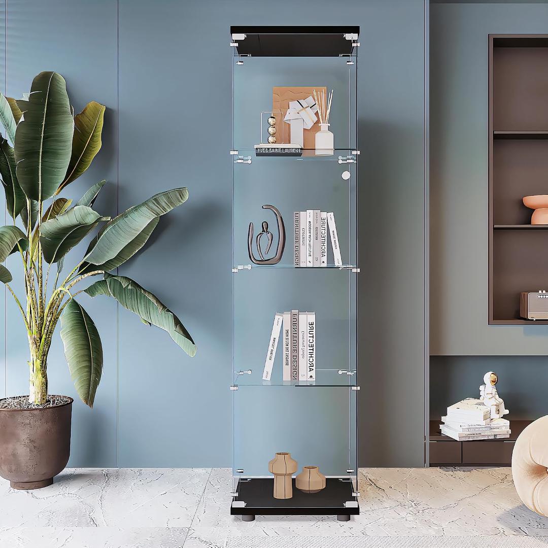 Beauty4U Glass Display Cabinet with 4 Shelves, Curio Cabinets for Living Room, Bedroom, Office, Black Floor Standing Glass Bookshelf, Quick Installation, 1-Door 4-Shelf