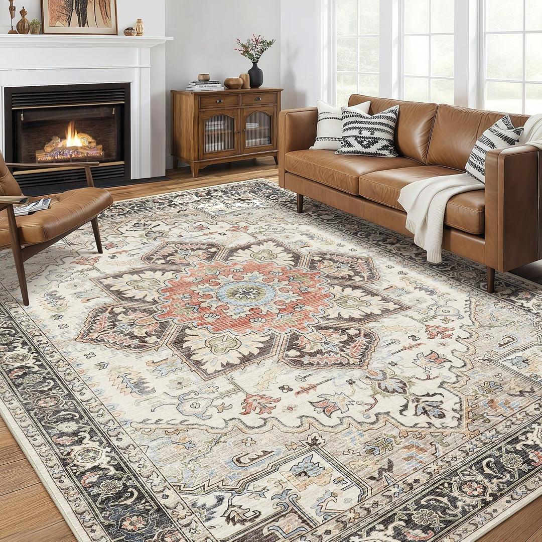 Area Rug 9x12 for Living Room, Medallion Printed Ultra-Thin Soft Large Carpet, Oriental Non Slip Big Washable Fade Stain Resistant Rugs for Bedroom Dining Room Home Office Decor