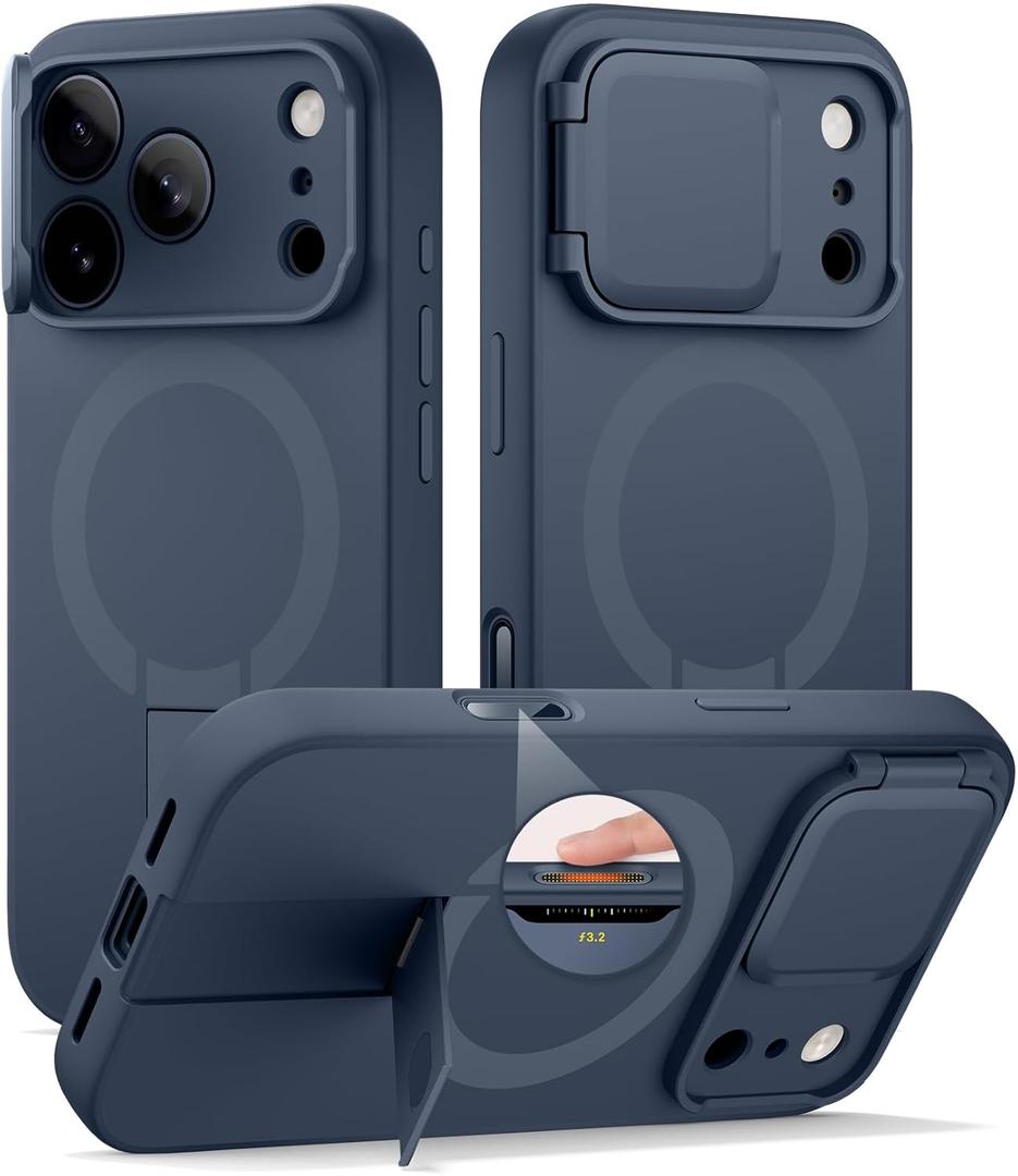 SURITCH for iPhone 17 Pro Case with Camera Control Cover, Camera Cover and Adjustable Kickstand, Compatible with MagSafe, Shockproof Bumper Protective Cases 6.3 Inch, Blue