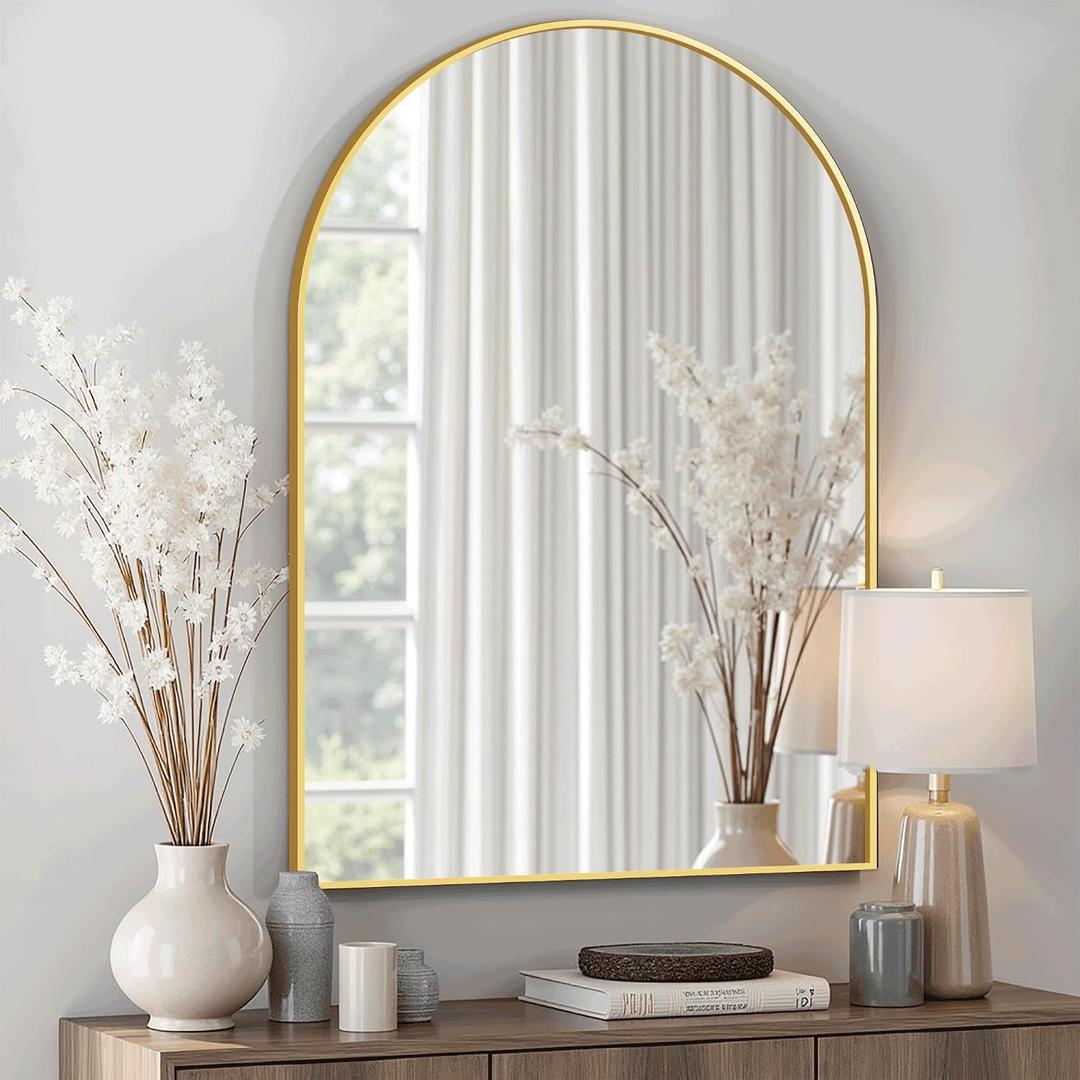 Arched Bathroom Mirror for Wall, 30" x 20" Metal Frame Vanity Mirror, Gold
