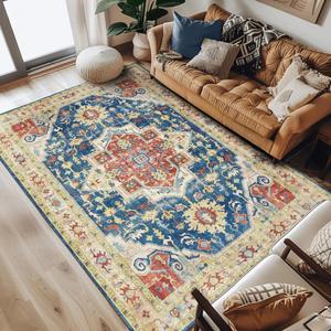 jinchan Area Rug 6x9 Floral Rug Distressed Red Thin Vintage Retro Indoor Non Slip Carpet Kitchen Living Room Bedroom Dining Room, Vintage Blue Orange