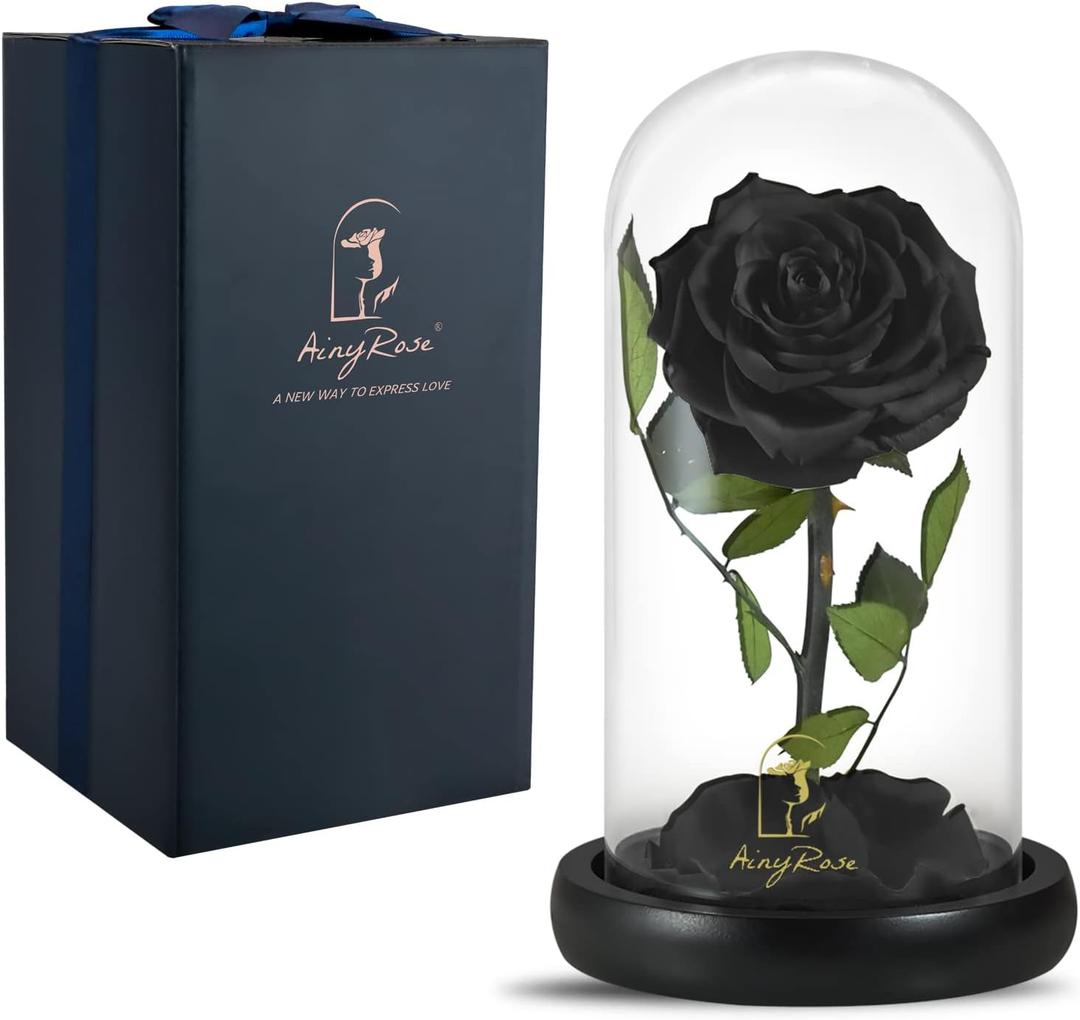 SW Forever Preserved Real Black Rose Flower Birthday Gift for Mom Women,Valentines Eternal Flower in Glass Gifts for Mothers Day Christmas Anniversary Birthday (Black)