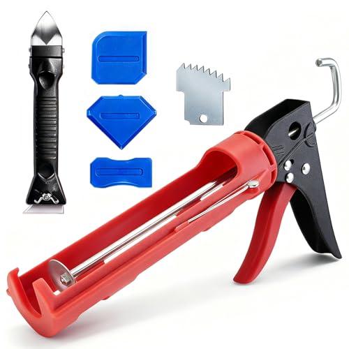 Caulk Gun Kit, Caulking Gun No Drip with 3 Silicone Caulking Tool and 3 in 1 Caulk Remover Tool, 15:1 Thrust Ratio, Professional Hand Caulking Gun Tool for the Seams of Bathroom and Kitchen Sinks
