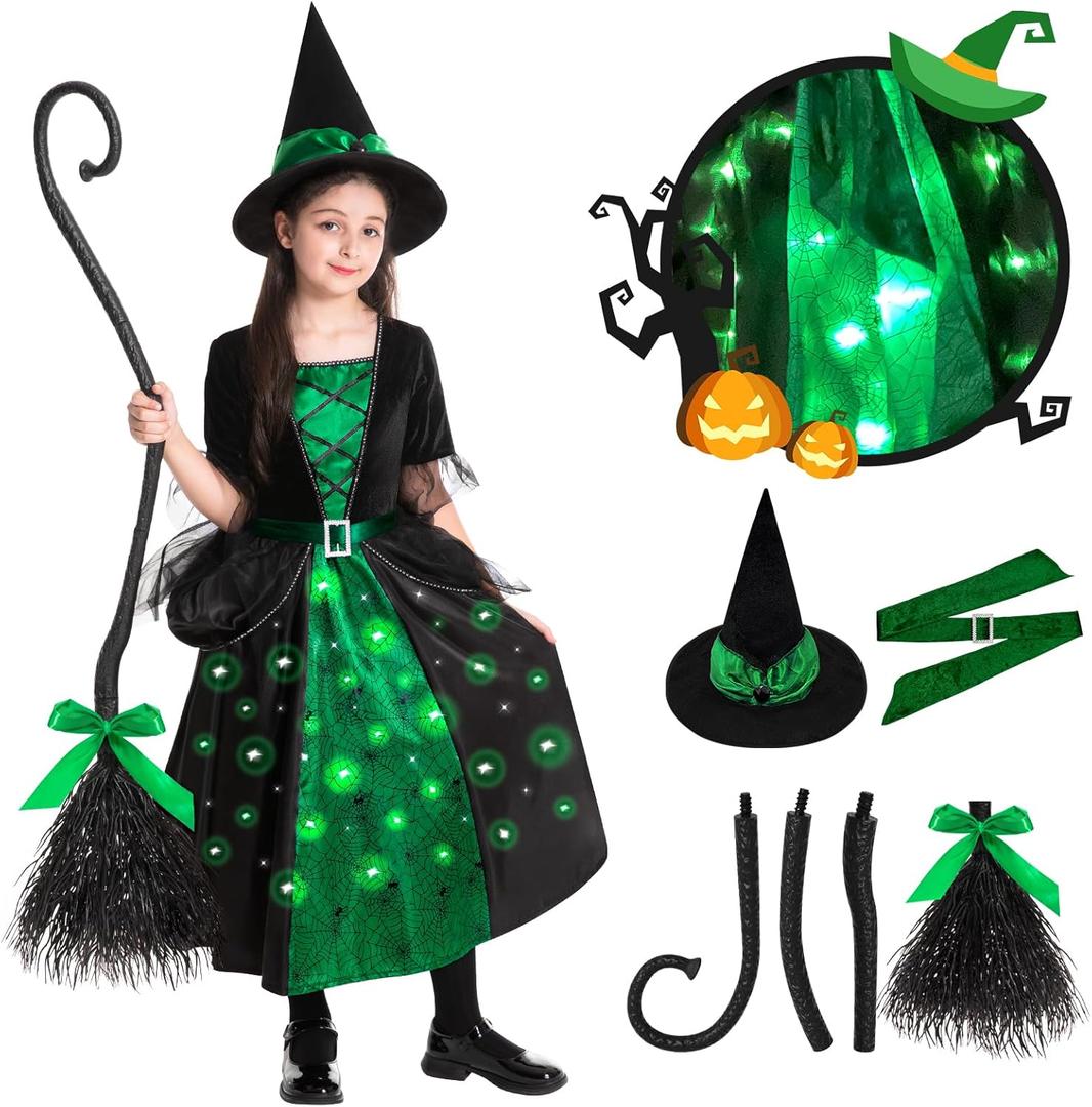 Poshetion Witch Halloween Costume for Girls - Light Up Toddler Witch Dress with Broom & Hat, Glow in the Dark for Wicked Parties (Green, Medium)