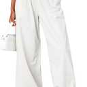 Fisoew Womens Wide Leg Pants Casual High Waist Baggy Track Pants Loose Fit Drawstring Cuffs Lounge Pant with Pockets White M