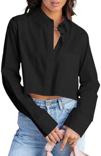 BONITEE Women Cropped Long Sleeve Button Down Shirts Fall Cute Button Up Crop Blouses 2025 Casual Sexy Lapel Tops with Pocket, M
