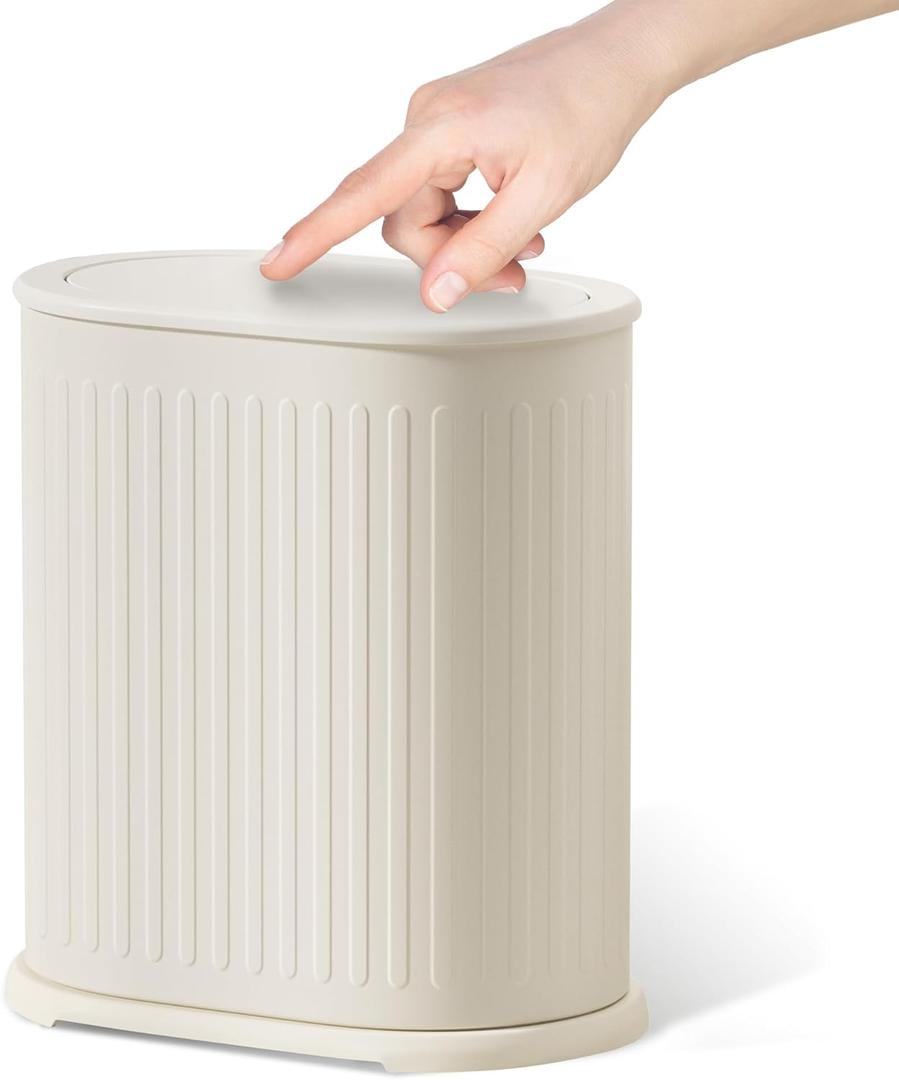 Steel Small Bathroom Trash Can with Lid Press Top 9L/2.4 Gallon Dog Proof Wastebasket with Removable Liner Bucket,Slim Bathroom Garbage Can Bin Under Desk/Sink Bedroom,Living Room,Office,Diaper