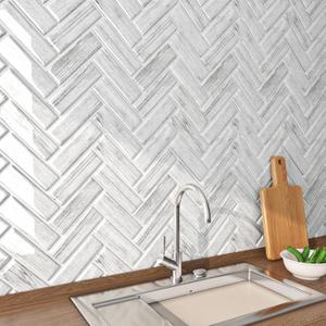 FunStick White Grey Herringbone Peel and Stick Backsplash for Kitchen, Bathroom, Shower - 12"x12" Subway Tile Stickers - 5 Sheets (4 sq ft) - Removable, Heat Resistant, Easy to Install
