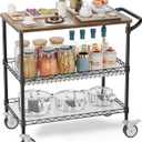 Leteuke Rolling Kitchen Carts with Wheels, 34" L x 17.5" W, 3-Tier Heavy Duty Utility Cart with Wood Tabletop, NSF Commercial Metal Serving Cart with Handle and Shelf Liner for Kitchen, Black