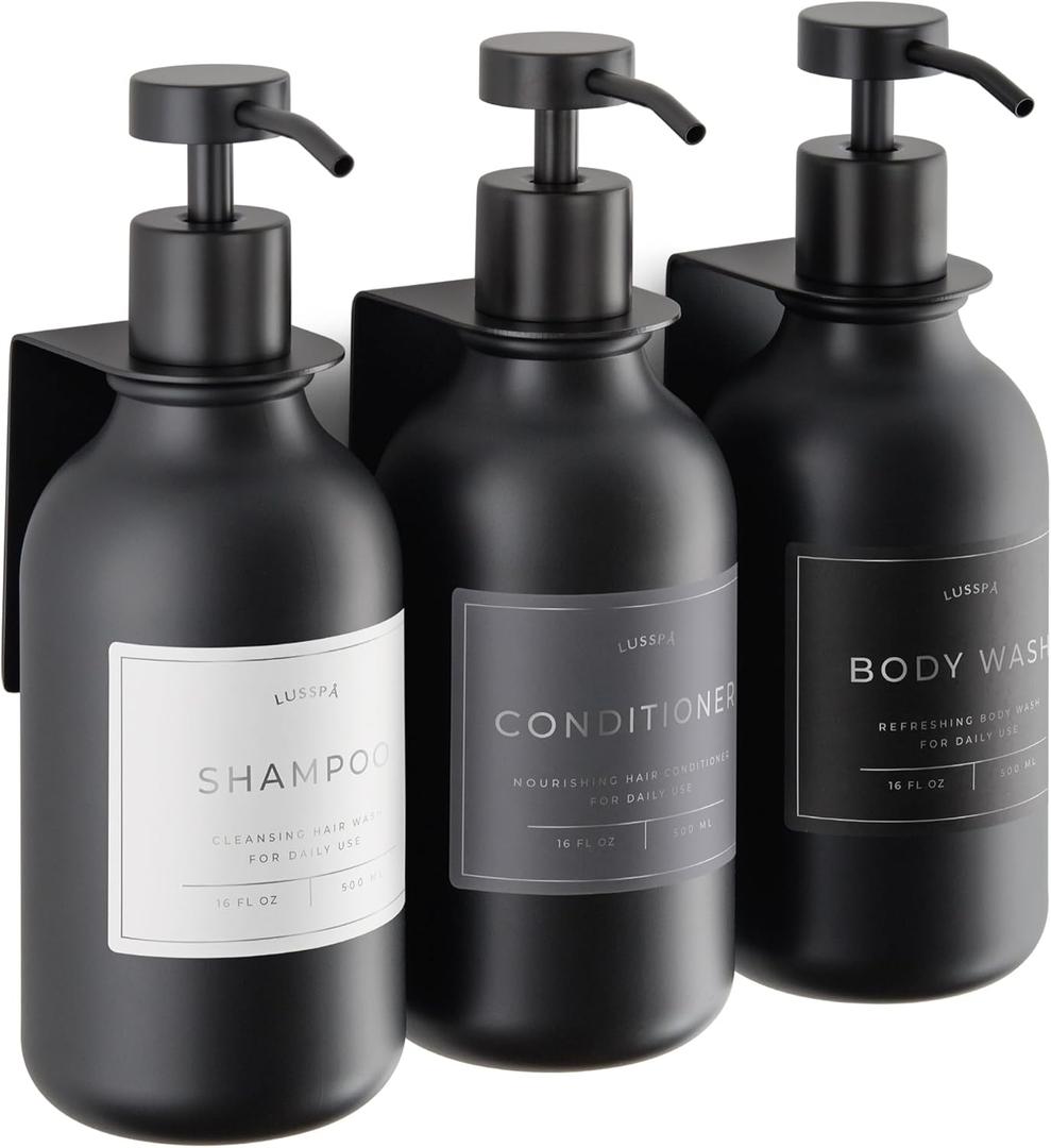 Shower Shampoo Dispenser Wall Mounted 3 Refillable 16.9 oz Black Bottles with Stainless Steel Pumps & No-Drill Adhesive Holders Soap Dispenser Set for Bathroom (3 X Black)