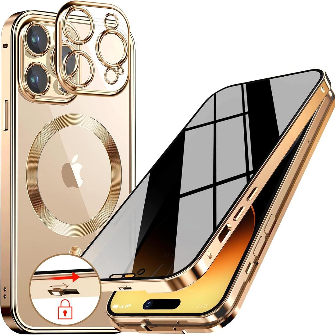 [CD Metal Ring & Safety Lock Full Body Privacy Case for iPhone 14 Pro [Compatible with MagSafe] [Integrated Lens Protection] Slim Metal Plating Bumper Clear Back Double-Sided Cover-Gold