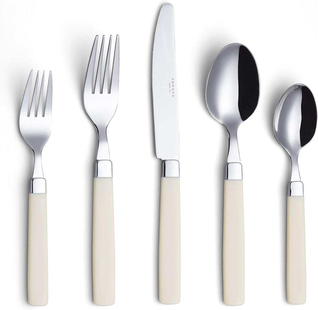 ANNOVA Silverware Set Stainless Steel Colorful Tableware Kitchen Flatware Set Utensils, Includes Dinner Knives, Forks, Spoons, Salad Forks & Dessert Spoons (Cream, 20 Pieces)