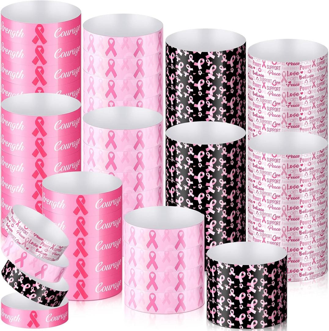 Kenning 400 Pack Breast Cancer Awareness Bracelets Pink Ribbon Paper Wristbands for Event Adhesive Paper Wristbands Courage Believe Faith Bracelets for Public Event Charity Recognition