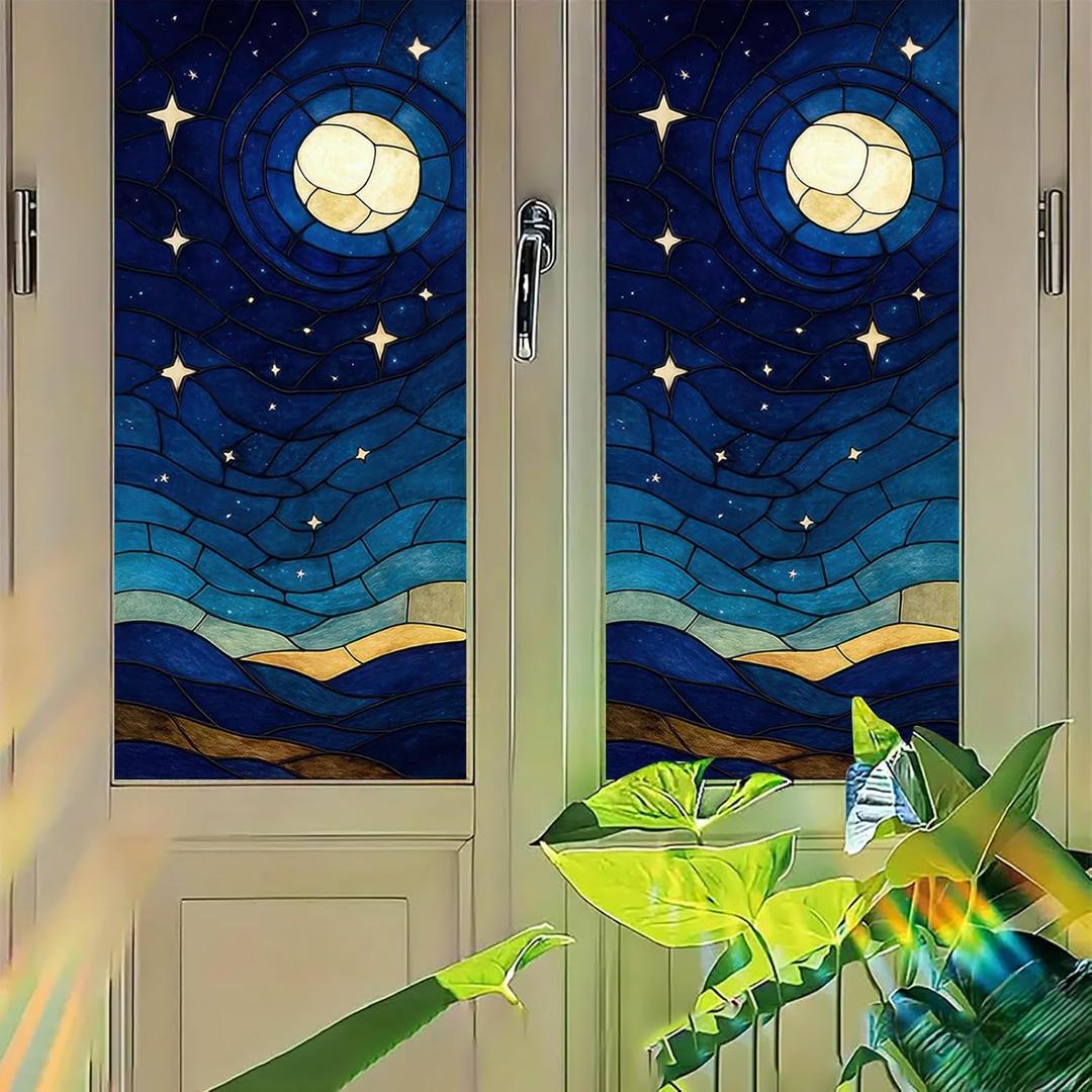 Moon Star Window Film Night Sky Stained Glass Style Privacy Panel Static Cling Decorative Cover for Bedroom Door Reading Nook 17.7x39.3 inch