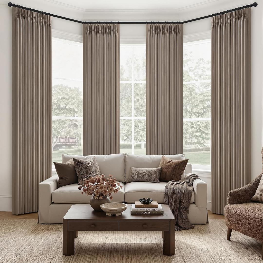 Linen Pleated Blackout Curtains 4 Panels Set 96 Inches Long for Living Room/Bedroom, Memory Trained Pinch Pleat Black Out Thermal Double Layer Office Decorative Window Curtain & Drapes 8 FT Length, 40"W x 96"L