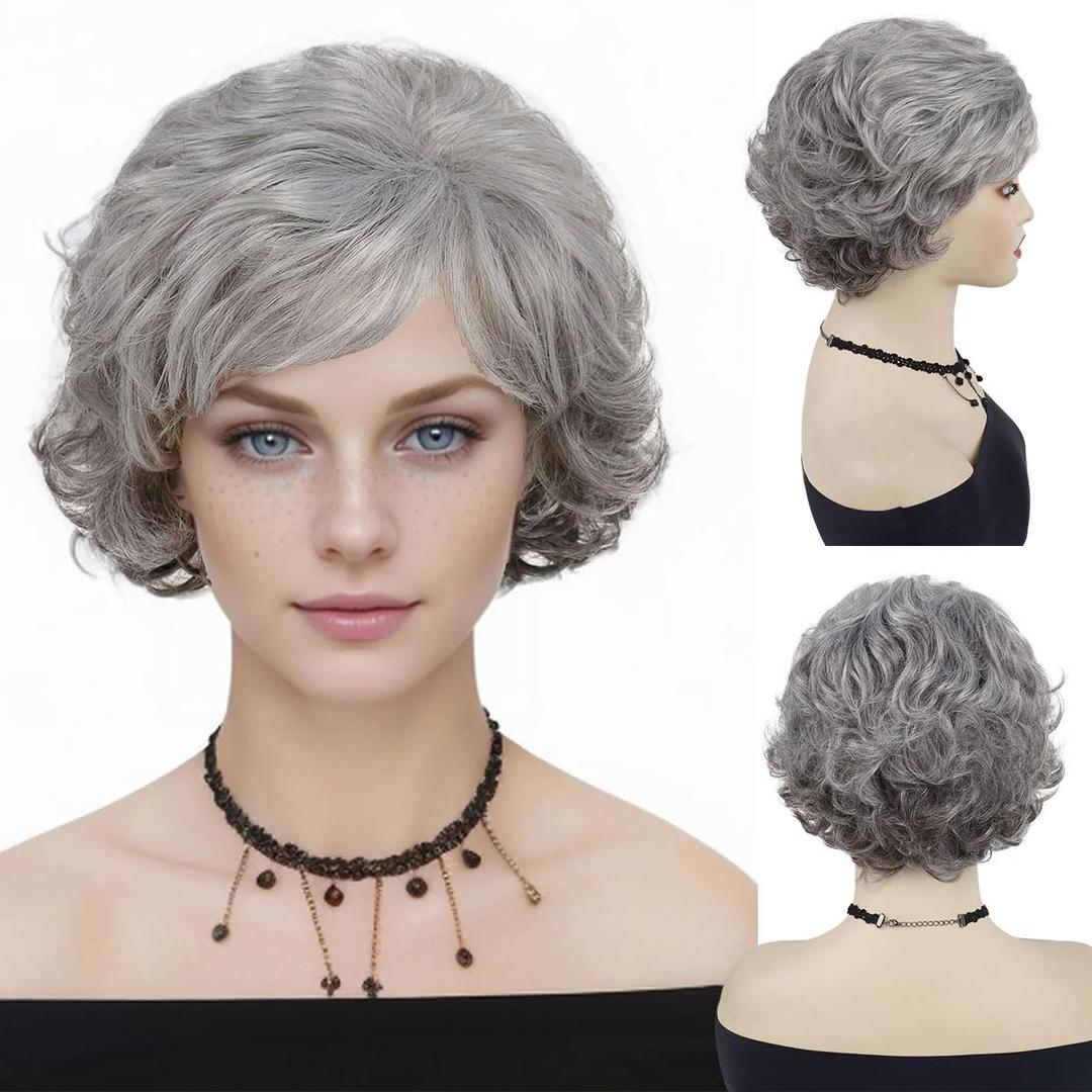 GNIMEGIL 60s Wig Ombre Grey Short Curly Hair Wigs For Women Old Lady Synthetic Hair Wig Gifts For Grandma Wigs Halloween Granny Costume Seniors Mother