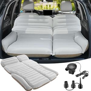 KMZ SUV Air Mattress Double Sided Thickened Flocking Car Bed  Portable Inflatable Mattress Pad for Camping & Travel with 2 Pillows & Electric Pump (Off-White and Coffee)