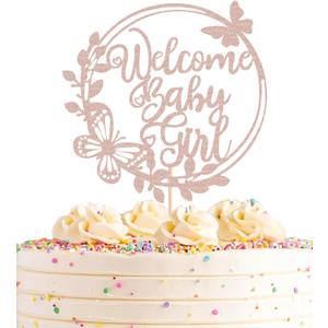 Welcome Baby Girl Cake Topper - Rose Gold Glitter Baby Shower Cake Decorations, Baby Girl Cake Topper, for Baby Shower/Birthday Party/Gender Reveal Party Photo Booth Props