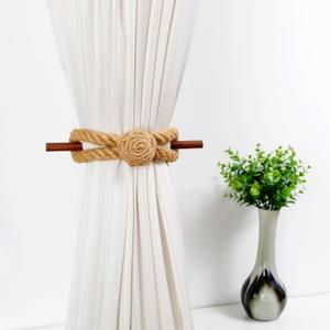 JELUTRIC Curtain Tiebacks Window Treatment HoldbacksWood Farmhouse Tie Backs for Curtain Holders,Cotton Jute Rope with Wood Club,Rose Natural Decor Shabby Chic Drapery Curtain Ties 2Pcs Dark Brown