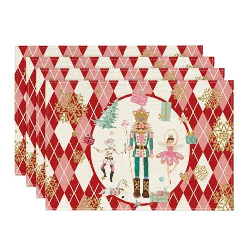 Artoid Mode Red Diamond Plaid Nutcracker Snowflake Christmas Placemats Set of 4, 12x18 Inch Winter Table Mats for Home Party Kitchen Dining Decor