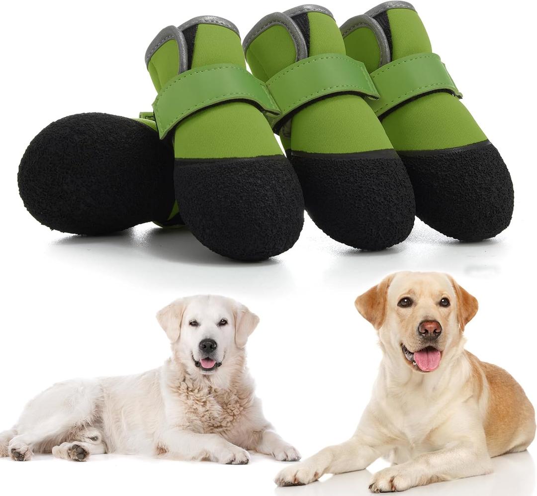 Dog Shoes, Outdoor Dog Boots Non-Slip Waterproof Dog Booties for Medium to Large Dogs 4Pcs for Winter Snowy Day, Summer Hot Pavement with Rugged Sole Green (Size 3:2.5''x1.9'')(L*W) for 23-33lbs)