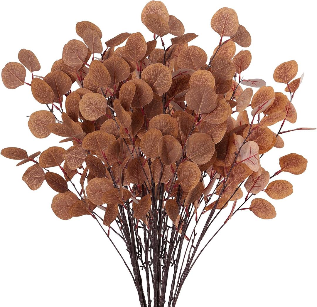 OJRTHDE 7PCS Long Artificial Eucalyptus Stems 35.4" Tall Fake Branches with Silk Apple Leaves Faux Fall Brown Plants Bouquet Festival Flowers Arrangements Accessories Home Fireplace Table Vase Décor