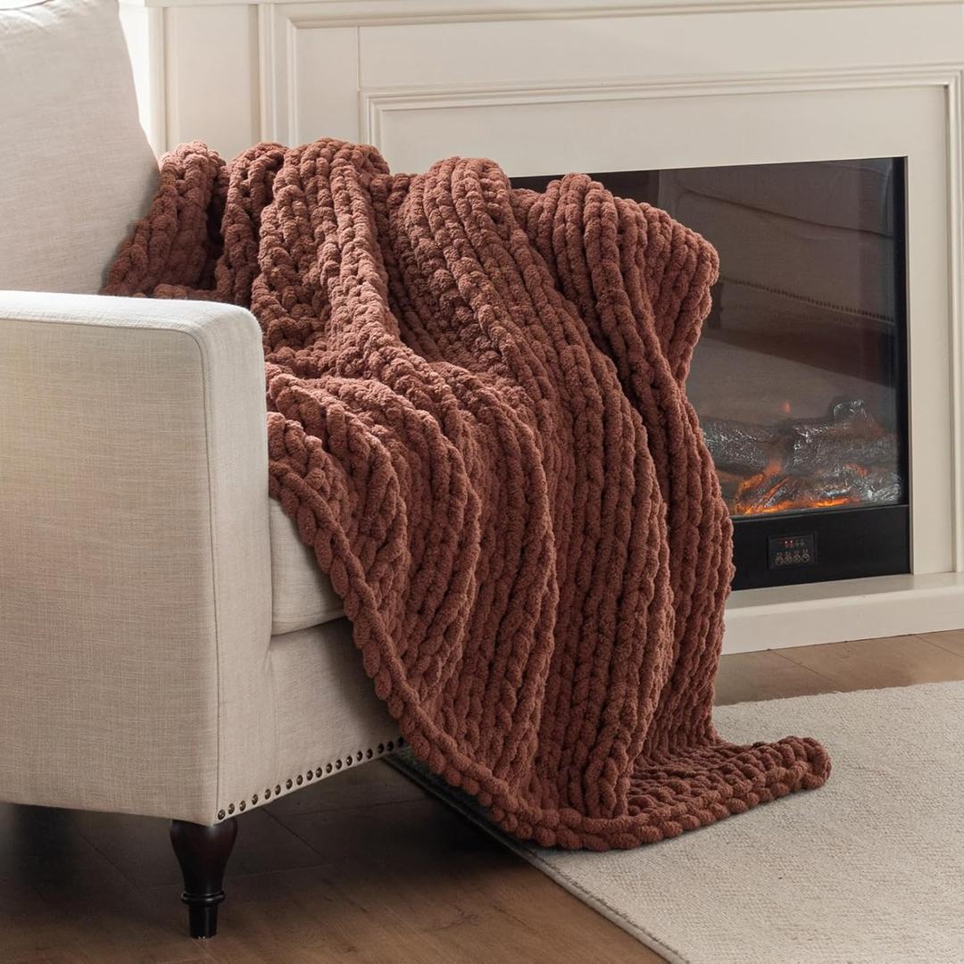 Chunky Knit Blanket Throw, 100% Hand Knit Throw Blanket Handmade Chenille Cable Knit Throw for Couch, Stylish Cozy Soft Rope Knot Crochet Blanket for Home Decor, Copper Brown, 50x60 Inches  