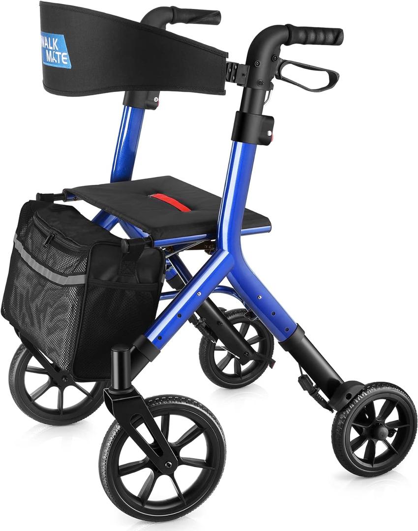 Rollator Walker for Seniors Taller 5.3~7ft with Height-Adjustable Seat, 10 Inch Wheels Wire-Hidden Walkers Compact Folding Design Lightweight Mobility Walking Aid Widen Backrest, Blue (Dark Blue)