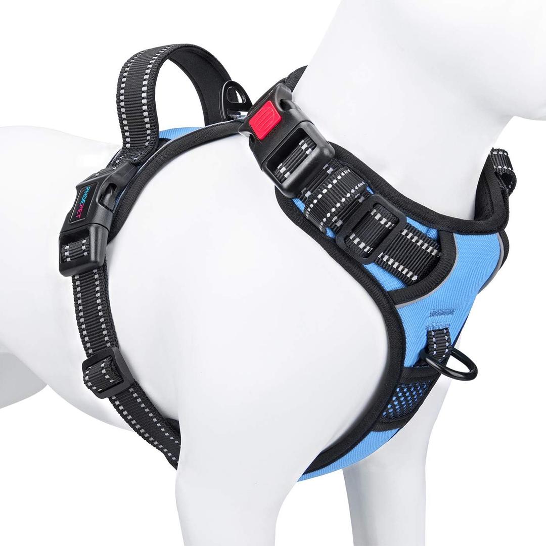 PHOEPET No Pull Dog Harness Reflective Adjustable Vest with a Training Handle, Name ID Pocket, 2 Metal Leash Hooks, 3 Snap Buckles [Easy to Put on & Take Off] (M, Baby Blue)