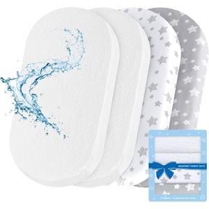 Bassinet Sheets & Waterproof Bassinet Mattress Pad Protector 4 Pack Set, Viscose Terry, Universal Fit for Oval, Hourglass and Rectangular Mattress, Grey & White (32" X 17")