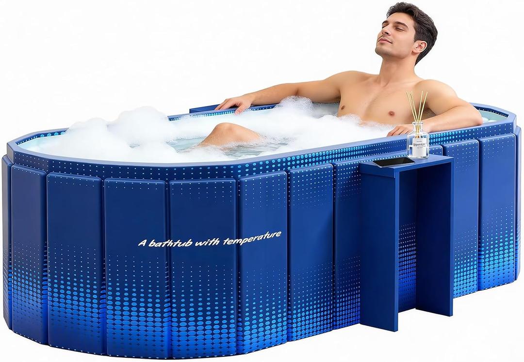 Portable Bathtub, Foldable Bathtub w/Side Rack, 59x21.6x19.6", Blue | Inflatable Bathtub Free Standing Tub with 2 Drain Ports, Space Saving, Hot Tub, Ice Bath Tub, Indoor Outdoor