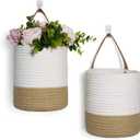 Goodpick 2pack Jute Rope Hanging Basket - Small Woven Fern Wall Hanging Baskets Flower Plants, Woven Basket Key Storage Baskets, White and Jute 7.87 x 7 x 11.7 inches