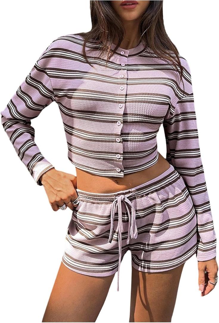 MakeMeChic Women's 2 Piece Spring Outfits Striped Long Sleeve Button Down Crew Neck Cardigan and Mini Shorts Set