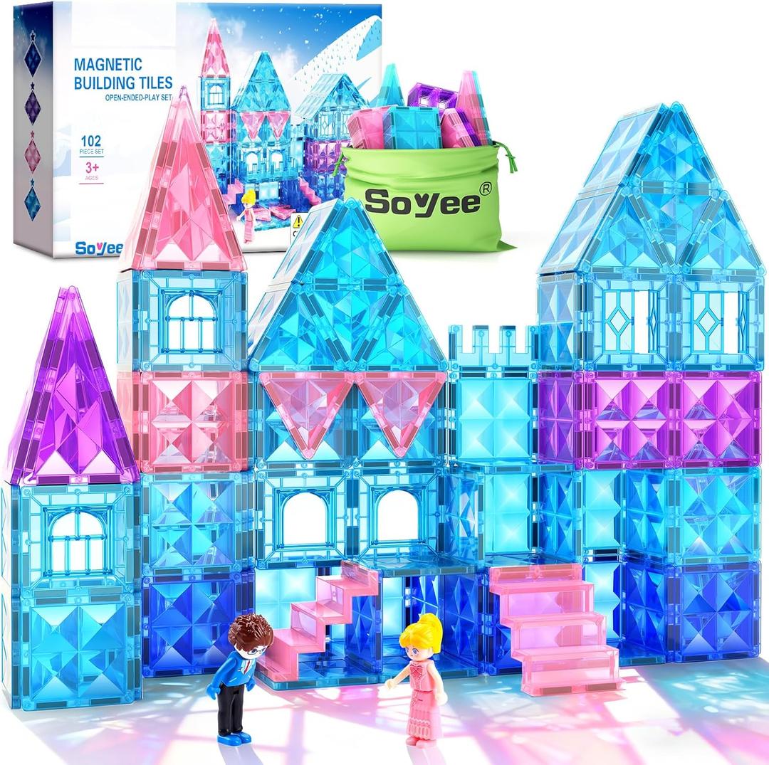 Magnetic Tiles 102pcs with 2 Stairs 2 Dolls Princess Castle Building Girls Toys Age 4-5 6-8 Magnetic Blocks Birthday Xmas Gifts for Girls Toys for 3 4 5 6 7 8+ Year Old (Blue)