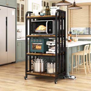 4-Tier Kitchen Bakers Rack with Power Outlet and Rolling Wheels, Microwave Stand with Storage, Adjustable Kitchen Shelves Freestadning, Coffee Bar Station, Bakers Rack for Spices, Pots and Pans, Brown