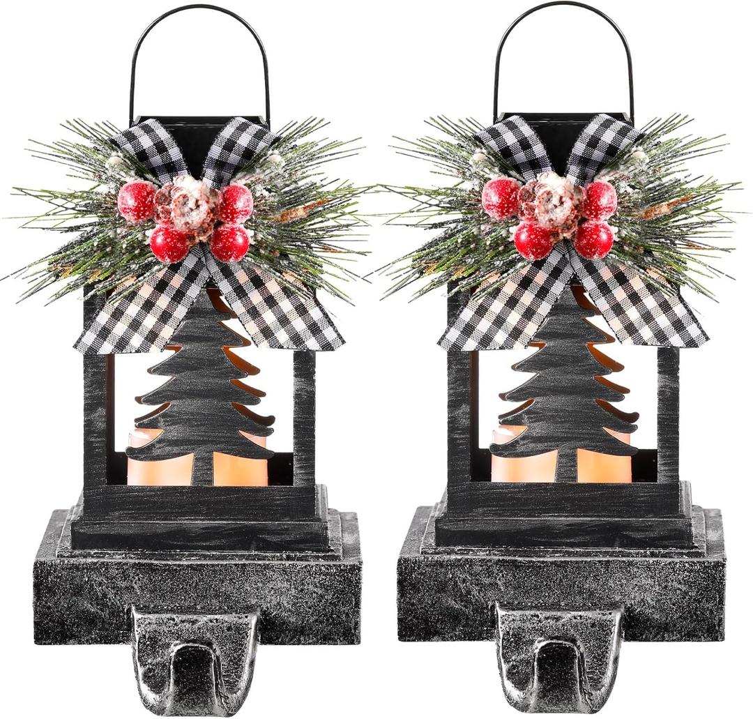 Therwen 2 Pcs Christmas Stocking Holders Lantern Christmas Stocking Hangers for Mantel Xmas Hooks Decorative Retro Light up Holders for Home Indoor Outdoor Decor (Xmas Tree,Black)