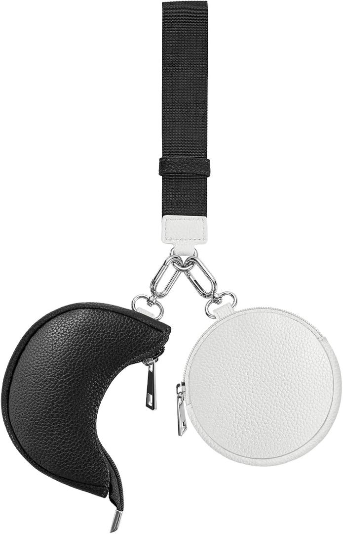 Dual Pouch Wristlet Keychain Wallet Double keychain wallets Mini Pouch Coin Purse Women Coin Detachable Wrist Zip Bag (Black & White)