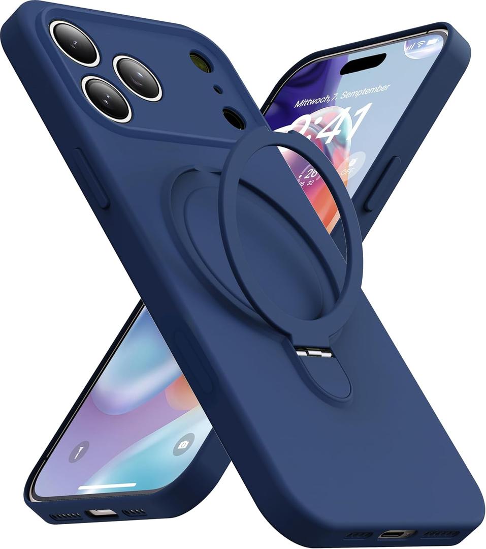Magnetic Stand for iPhone 17 Pro Max Case, Liquid Silicone, [Compatible with MagSafe][Built-in Kickstand&Ring Holder] Anti-Scratch Soft Microfiber Lining, Midnight Blue
