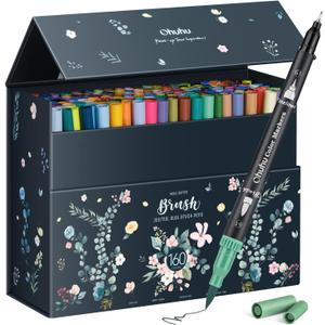 Ohuhu Markers for Adult Coloring Books No bleeding 160 Colors Coloring Markers Water-based Dual Tips Fineliner & Brush Drawing Pens Art Pens for Kids Adults Sketch Journal - Maui - Black