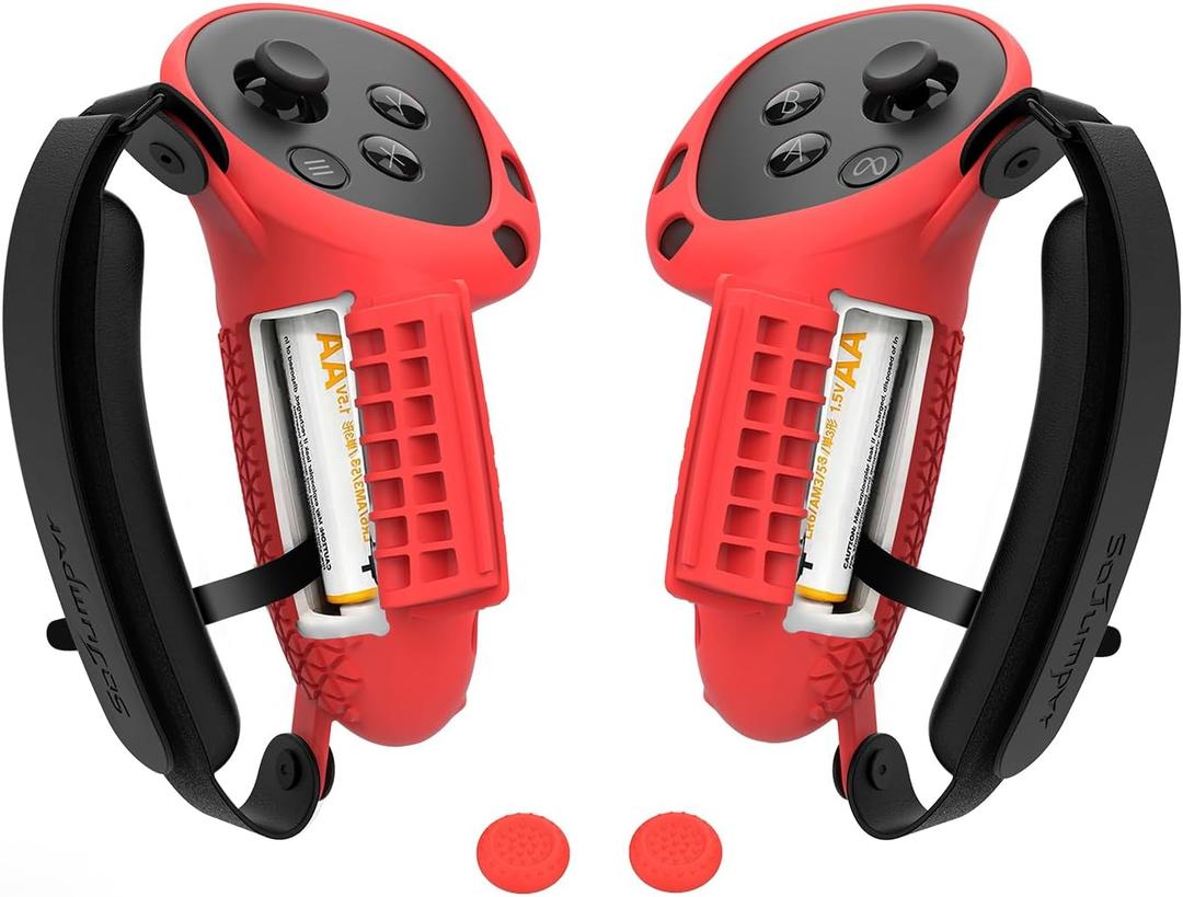 Controller Grips Cover Compatible with Meta Quest 3S/Quest 3 Accessories, Hand Strap with Battery Opening, Knuckle Straps with Widen and Thicken Sponge(Not for Charging Dock) (Red)