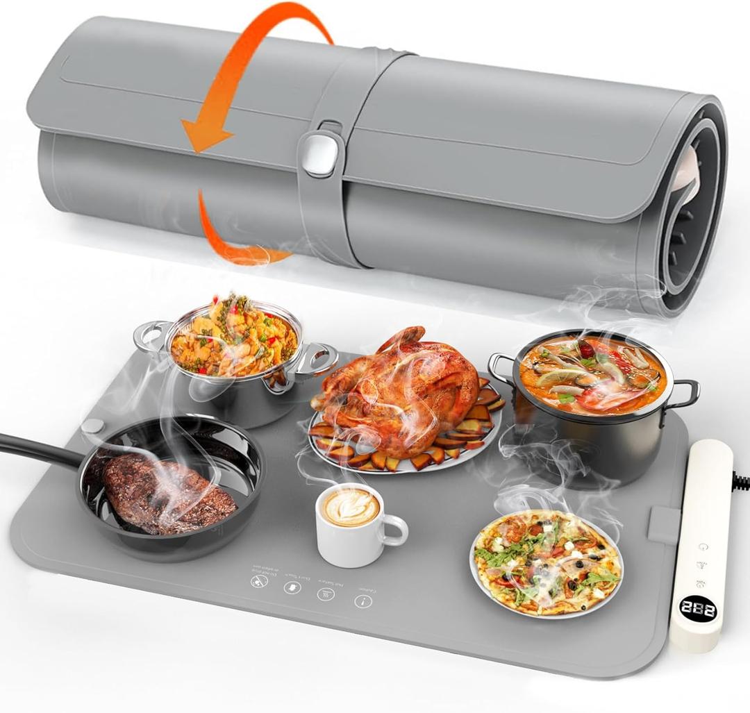 Food Warming Mat, Electric Buffet Warmer with 6 Temp & 6H Timer, Rapid Even Heating for Plates & Entrees, Roll-Up Heat Insulating Pad Protects Countertops, for Parties, Holiday Gatherings